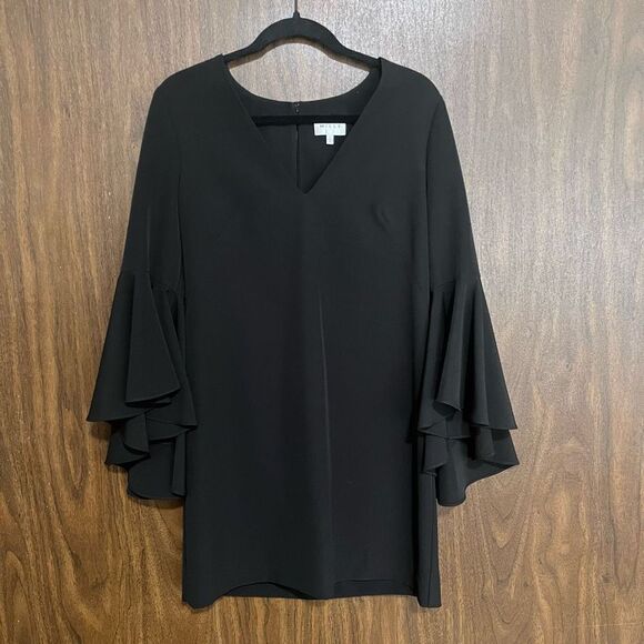 Milly Women's V-Neck Bell Sleeve Keyhole Back Fully Lined Shift Dress Black Sz 6 - Picture 3 of 11